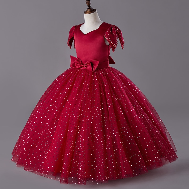 Kids Girls' Dress Sequin Plain Short Sleeve Party Festival Sequins Mesh Beaded Princess Sweet Cotton Polyester Midi Summer 4-13 Years Red Green2