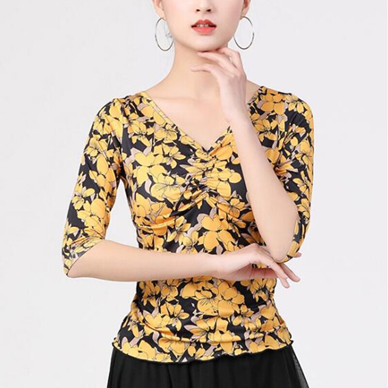Latin Dance Ballroom Dance Top Printing Women's Training Performance Half Sleeve Polyester