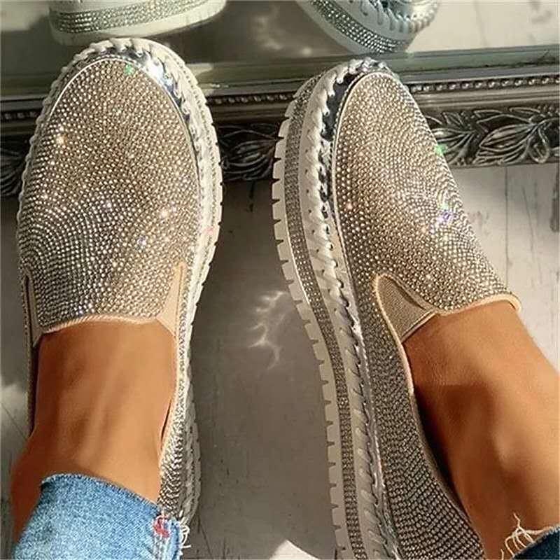 Women's Slip-Ons Comfort Shoes Plus Size Daily Rhinestone Flat Heel Round Toe Casual PU Leather Loafer Solid Colored Silver Black Pink2