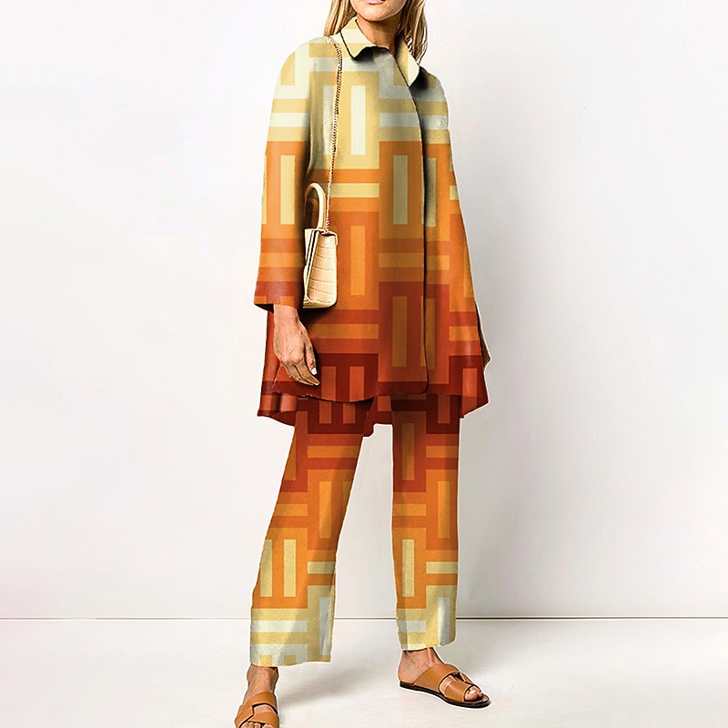 Women's 2 Pieces Streetwear Daily Neon & Bright Shirt Pants Sets Wide Leg Pants Trousers Long Sleeve Shirt Collar Geometric Print Work Daily Pink Red Blue Fall & Winter Regular Fit