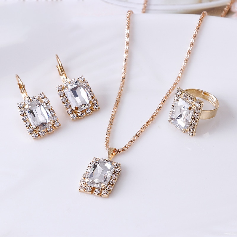 Hoop Earrings 3pcs Rhinestone Alloy Rings 1 Necklace Earrings Women's Elegant Vintage Fashion Geometrical Geometric Jewelry Set For Party Street Daily3