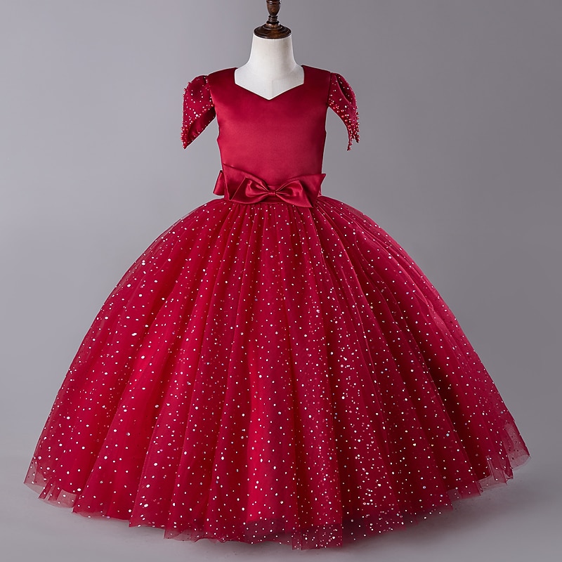 Kids Girls' Dress Sequin Plain Short Sleeve Party Festival Sequins Mesh Beaded Princess Sweet Cotton Polyester Midi Summer 4-13 Years Red Green