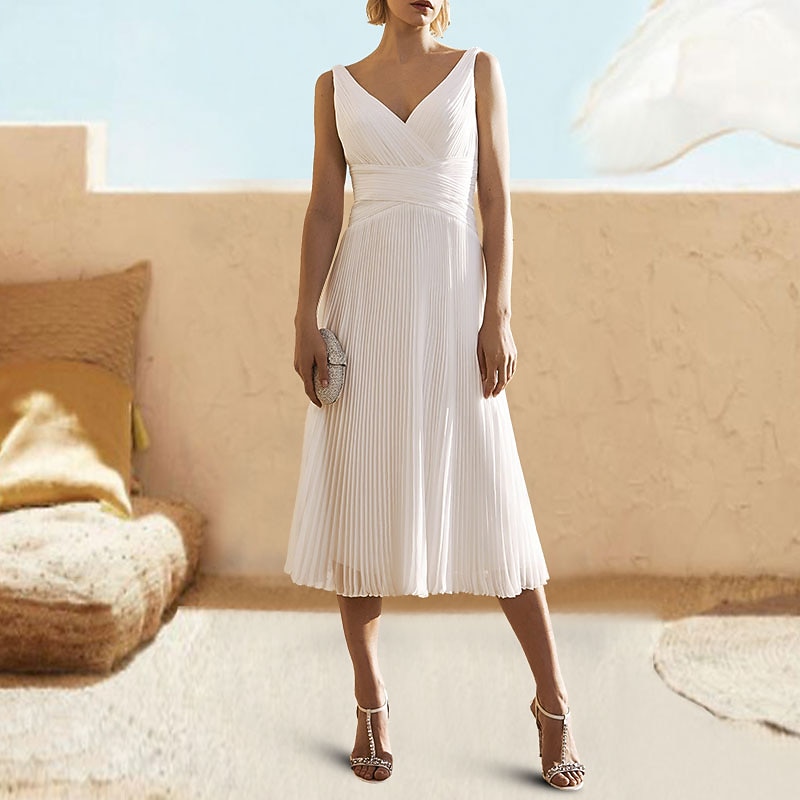 A-Line Cocktail Dresses Elegant Dress Formal Wedding Guest Tea Length Sleeveless V Neck Chiffon with Ruched Pure Color Dresses2