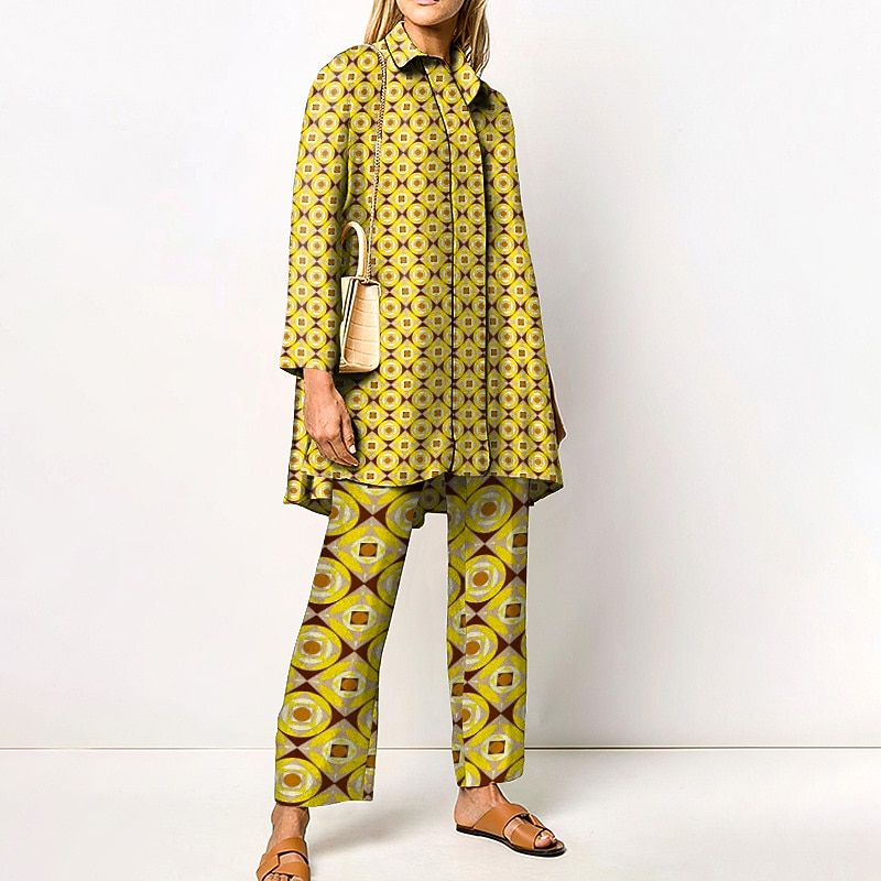 Women's 2 Pieces Elegant Vintage Fashion Shirt Blouse Pants Trousers Long Sleeve Shirt Collar Geometric Print Office Work Business Black Yellow Brown Fall & Winter Loose Fit3