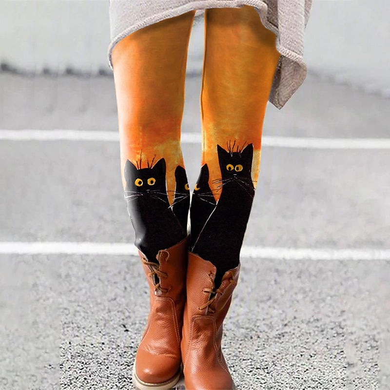 Women's Normal Tights Pants Trousers Leggings Fashion Casual Lounge Ankle-Length High Waist Cat Print Butt Lift Comfort Tummy Control High Elasticity Yoga Halloween Weekend Black White Orange Light4