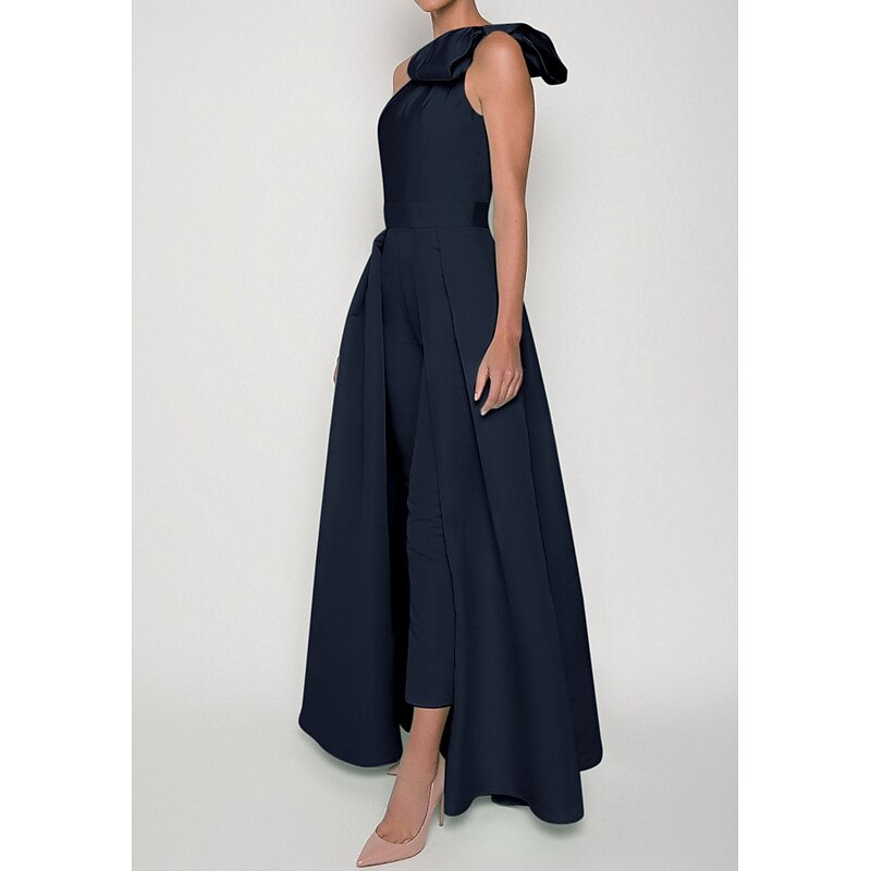 Jumpsuits Evening Gown Elegant Dress Formal Wedding Guest Floor Length Sleeveless One Shoulder Convertible Stretch Fabric with Bow(s) Pleats Overskirt3