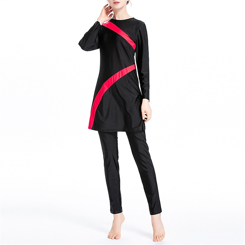 Women's Burkini Hijab Swimsuit Full Coverage UPF50+ Long Sleeve Bathing Suit 3-Piece Modest Swimwear Swimming Beach Water Sports Patchwork Spring Summer Autumn4