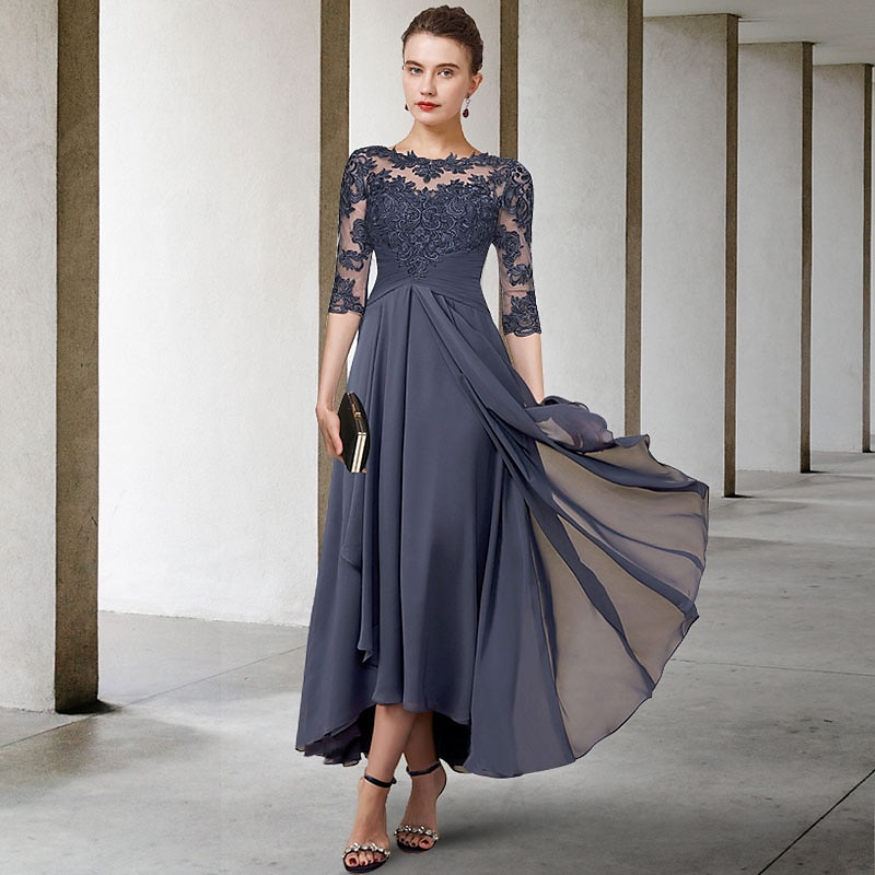 A-Line Mother of the Bride Dress Wedding Guest Elegant Plus Size High Low Jewel Neck Asymmetrical Tea Length Chiffon Lace Half Sleeve with Ruched Appliques