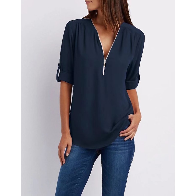 Women's Blouse Shirt Zipper Basic Plain Daily V Neck T-shirt Sleeve Regular Summer White Black Pink Grey Dark Blue4