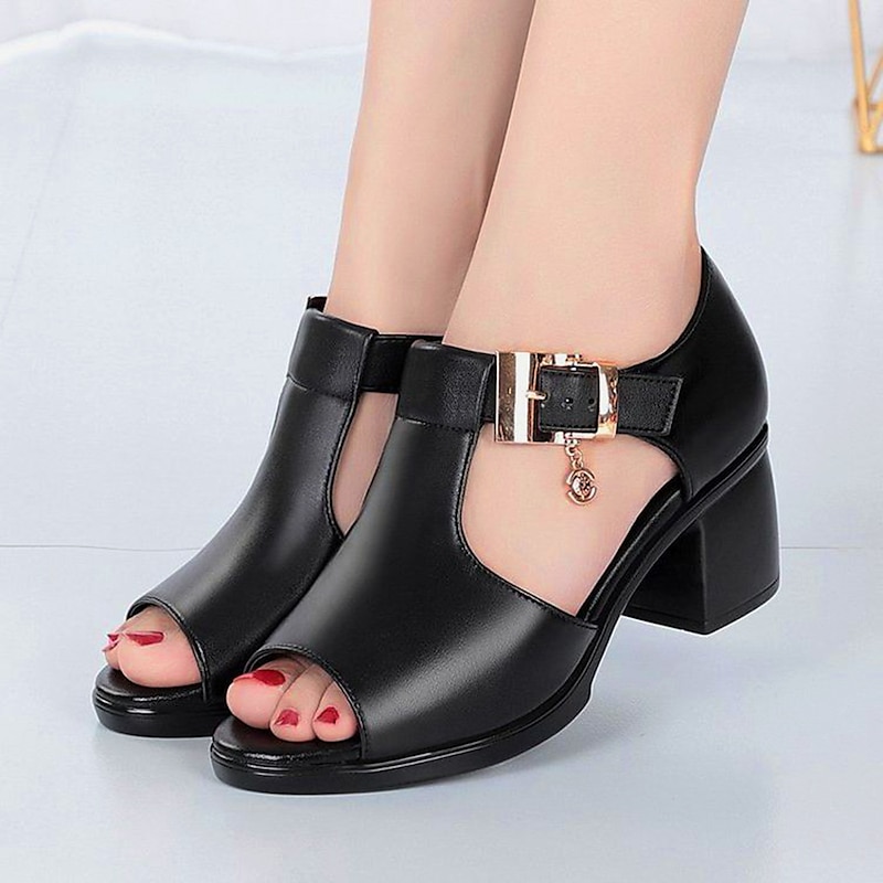 Women's Open-Toe Chunky Heel Sandals - Elegant Black Faux Leather Shoes with Decorative Buckle for Summer Parties or Formal Occasions2