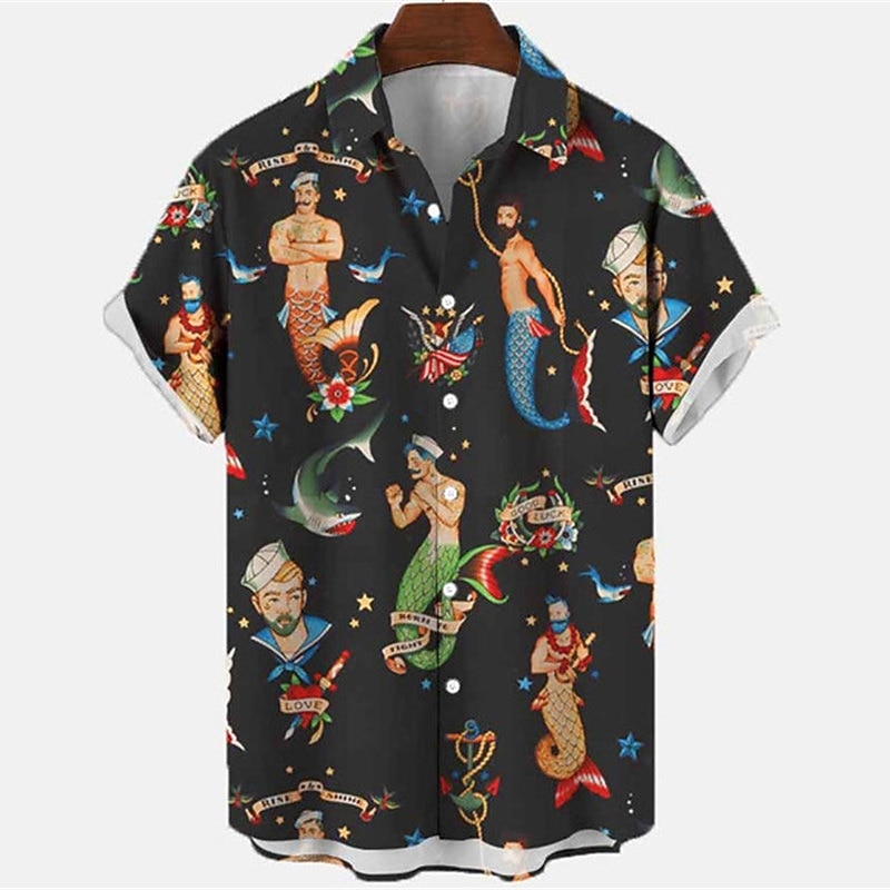 Men's Mermaid Shirt Summer Hawaiian Shirt Aloha Shirt Short Sleeves Shirt Turndown Vintage Fashion Designer Outdoor Street Casual Black White Yellow 3D Print S M L3