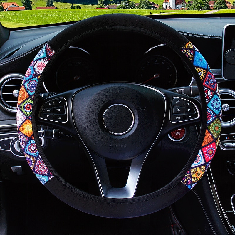 Elastic Car Steering Wheel Cover Ethnic Style Print Anti-slip Car Styling Car Steering-wheel Cover Car Interior Accessories 38cm4