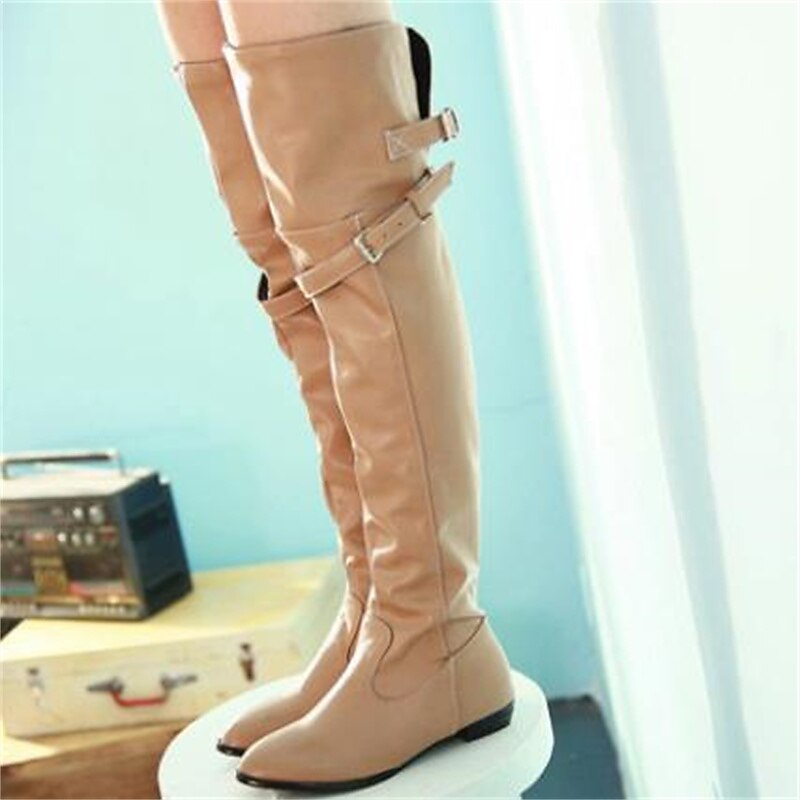 Women's Beige Over-the-Knee Flat Boots with Side Zipper and Buckle Straps, Chic and Casual for Everyday Wear4