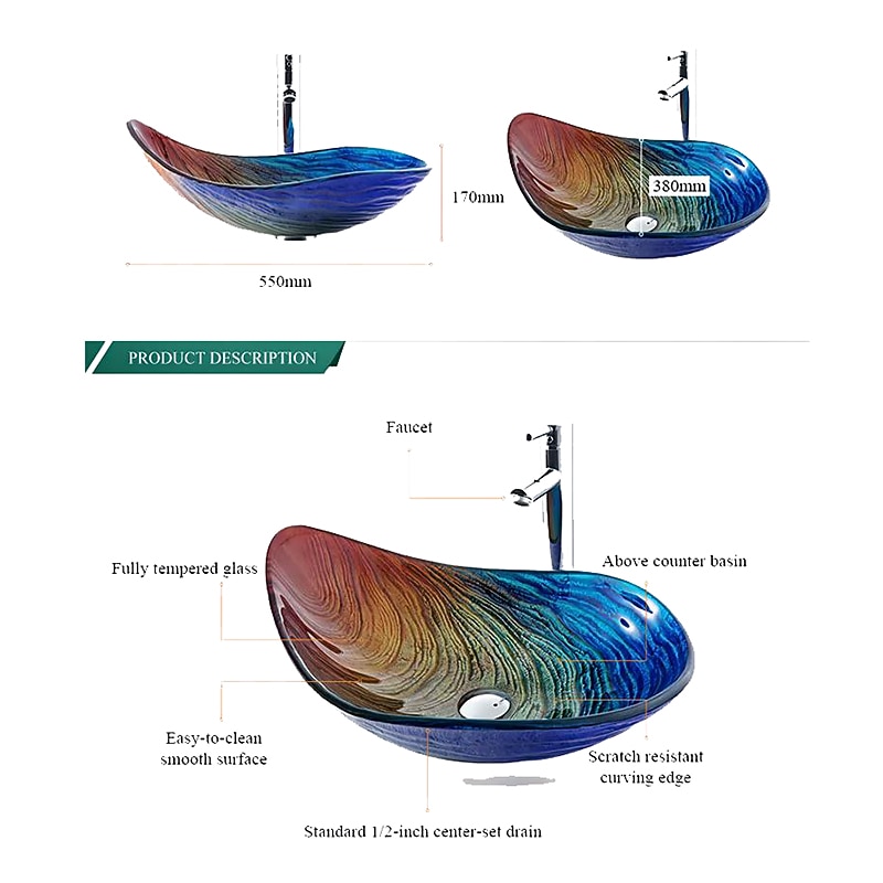 Bathroom Vessel Sink Rectangular 21"x15", Sink Mixer Faucet and Drain Combo with Pop-up Drain, Boat Shape Color Tempered Glass Artistic Vanity Sink Bowl, Above Counter Washroom Sink Art Wash Basin2