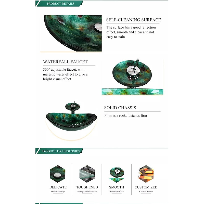 Art Tempered Glass Wash Basin with Chrome Faucet Finish,Rectangular Sink Shape Bathroom Faucet3