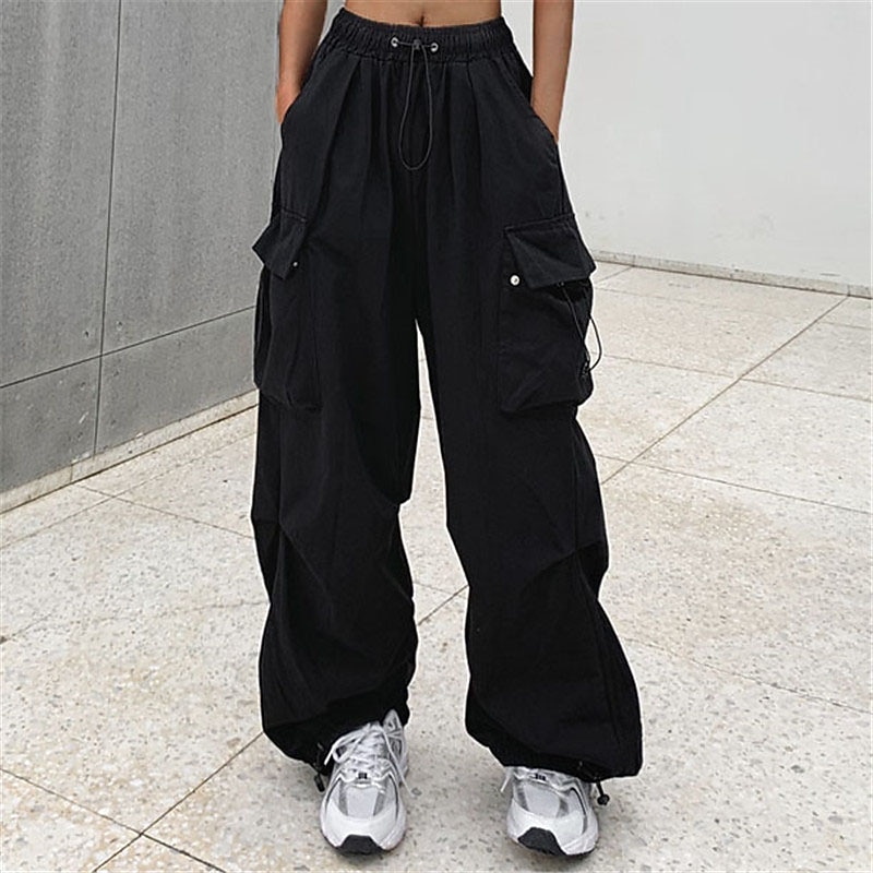 Women's Cargo parachute pants Wide Leg Trousers Baggy Full Length Baggy Micro-elastic High Waist Fashion Casual Daily ArmyGreen Black S M Spring & Fall