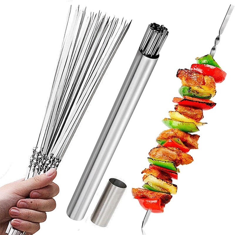 Set of 15 pcs Skewers & 1 Tube Storage Stainless Steel Kabob Skewers Heavy Duty Grilling Skewers Barbecue Skewers Resuable BBQ Sticks for Shish Meat Shrimp Chicken Flat Skewers