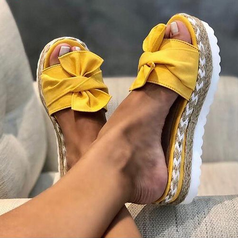 Yellow Women's Platform Sandals with Bow Detail and Woven Espadrille Sole for Stylish Summer Wear