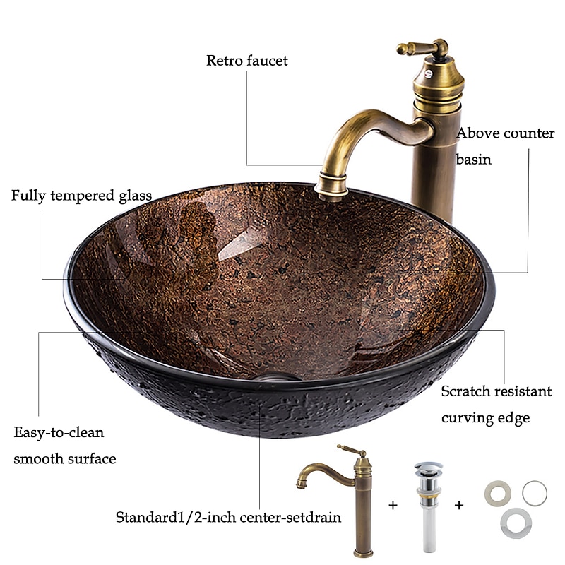16.5 inch Bathroom Vessel Sink with Faucet Vintage Brass, Antique Tempered Glass Basin with Pop-Up Drain, Countertop Artistic Round Basin Bowl Set, Above Counter Vanity Sink2