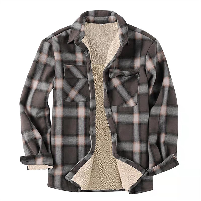 Men's Trucker Jacket Shirt Jacket Fleece Jacket Shacket Casual Windproof Warm Padded Winter Plaid / Check Chic & Modern Dark Navy Brown Jacket