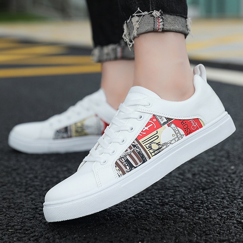 Men's White Casual Graphic Sneakers - Stylish Lace-Up Low-Top Shoes with Black and White Print for Streetwear and Everyday Wear4