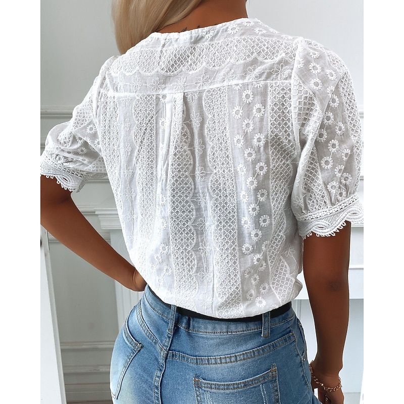 Women's Shirt Blouse White Plain Lace Short Sleeve Daily Weekend Streetwear Casual V Neck Regular S4