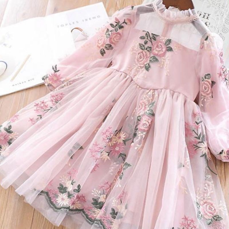 Kids Girls' Dress Floral Long Sleeve School Vacation Print Princess Sweet Polyester Asymmetrical A Line Dress Fall Winter 3-10 Years Pink Beige4
