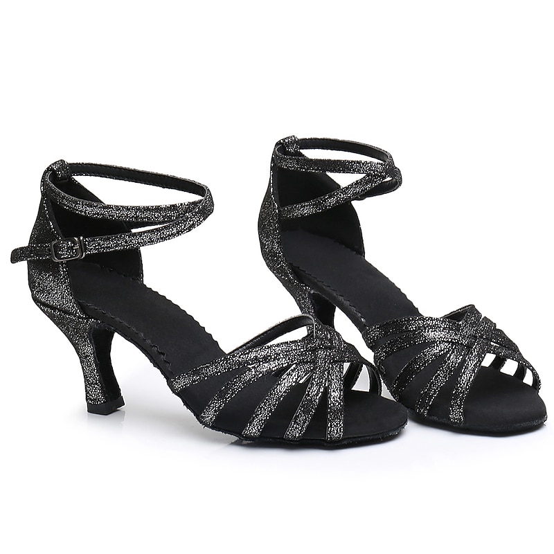 Women's Black Glitter Latin Dance Shoes – Strappy Open-Toe Ballroom Heels with Ankle Strap and Comfortable Suede Sole, Perfect for Salsa, Latin, and Tango Dancing4