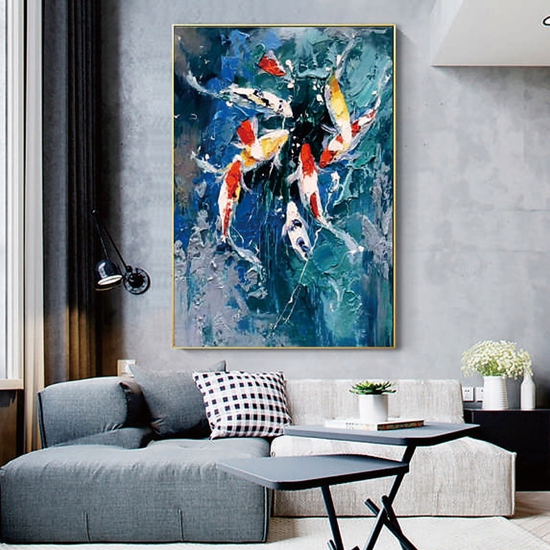 Handmade Hand Painted Oil Painting Wall Art Modern Abstract Koi Landscape Painting Home Decoration Decor Rolled Canvas No Frame Unstretched