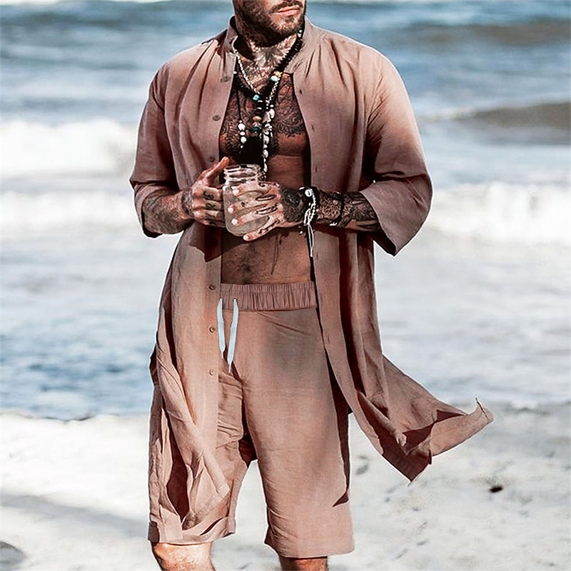 Men's Summer Shirt Casual Shirt Beach Shirt Plain Vacation Street Blue Coffee Long Sleeve Standing Collar Summer Clothing Apparel Button-Down3