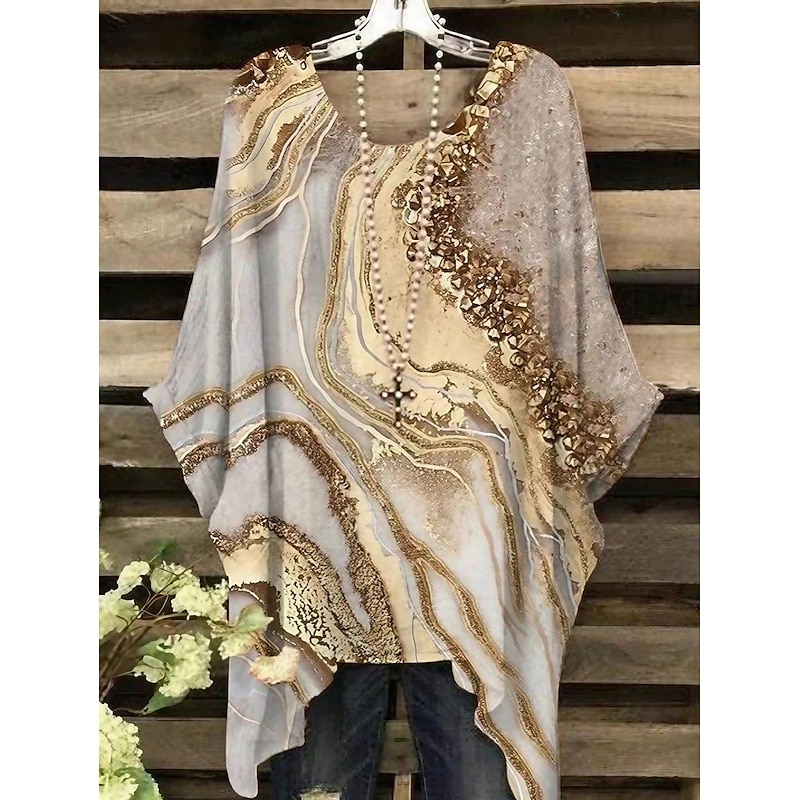 Women's Plus Size Blouse Chiffon Basic Casual Print Dolman Sleeve Crew Neck Vacation Daily Yellow Spring Fall