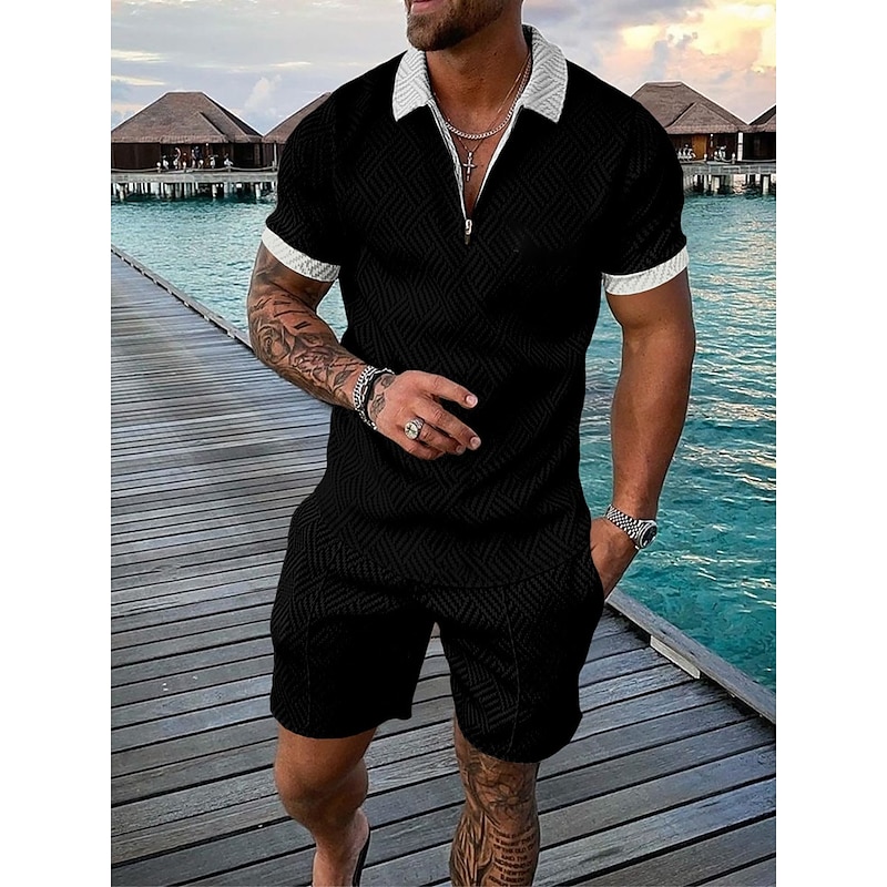 Men's Character Polo Shirts Shirt Suits Short Sleeves Shirt V Neck Men's leisure suit Outdoor Vacation 3D Print Black-White Black Navy Blue Gray Light Blue Zipper Braided Clothing Apparel Casual2