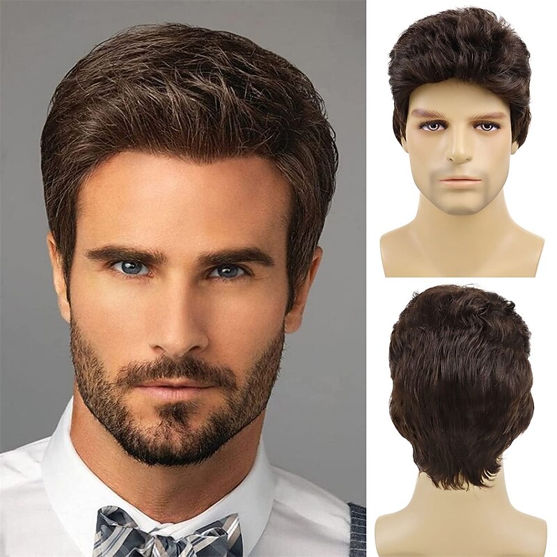 Brown Mens Wig Handsome Male Short Hair Synthetic Carnival Costume Toupee for Men Daily Party Use