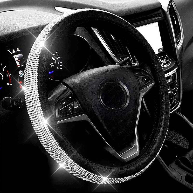 New Diamond Leather Steering Wheel Cover with Bling Bling Crystal Rhinestones Universal Fit 15 Inch Car Wheel Protector for Women Girls