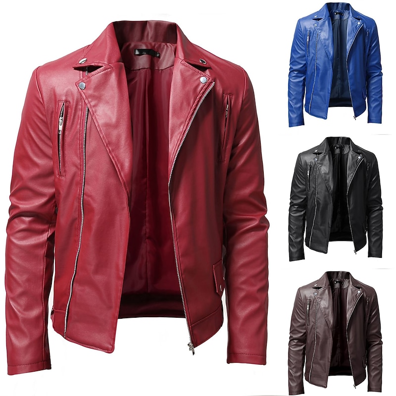 Men's Faux Leather Jacket Casual Jacket Biker Jacket Red Leather Jacket Casual Motorcycle Thermal Warm Rain Waterproof Faux Fur Trim Fall Pure Color Casual Daily Casual Turndown Regular Regular Faux