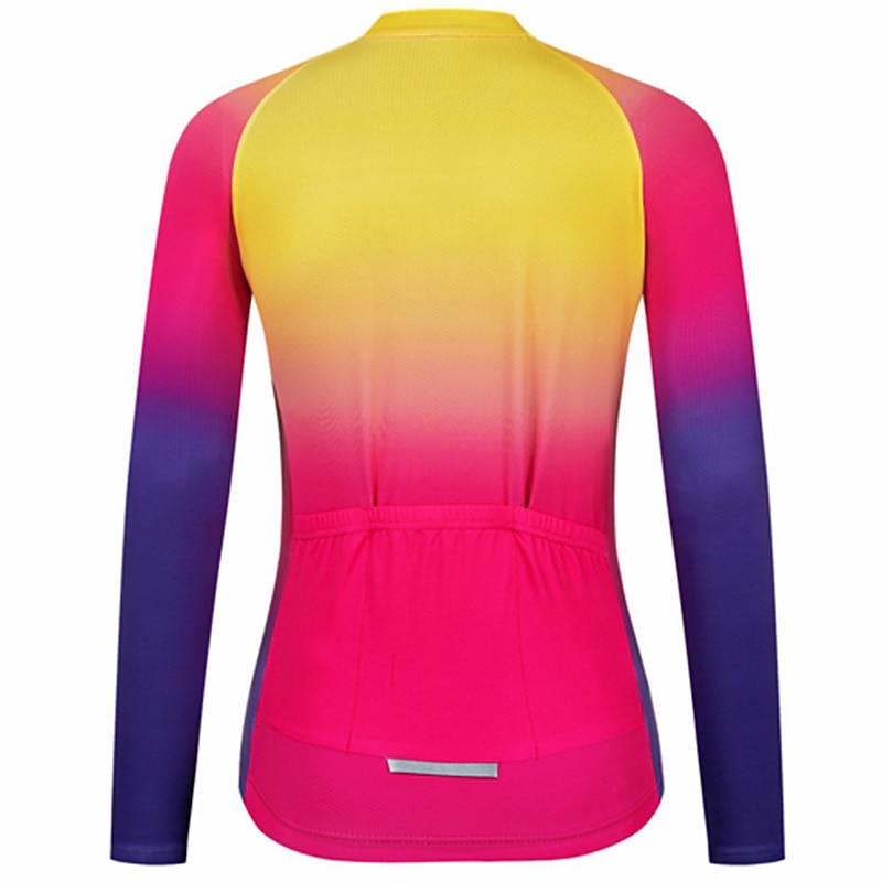 Women's Cycling Jersey Gradient Long Sleeve Bike Jersey Top with 3 Rear Pockets Mountain Bike MTB Road Bike Cycling Quick Dry Reflective Strips Back Pocket Moisture Wicking Sports Yellow Pink Red4