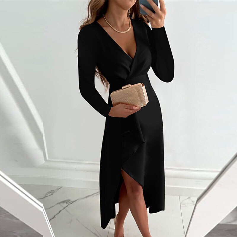 Women's Work Dress Midi Dress Black Red Fuchsia Long Sleeve Pure Color Ruffle Summer Spring Fall V Neck Stylish Summer Dress Daily Vacation 2023 S M L XL XXL 6