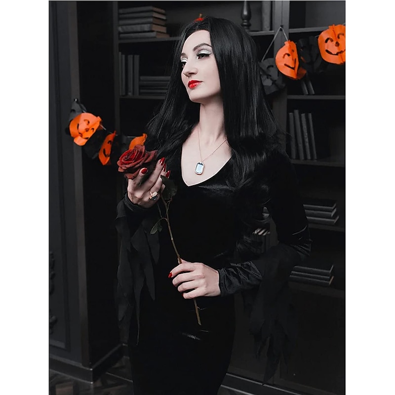 Addams Wig Costume Women Long Black Straight Hair Wig Natural Wigs for Addams Family Morticia Cosplay Halloween P087BK2