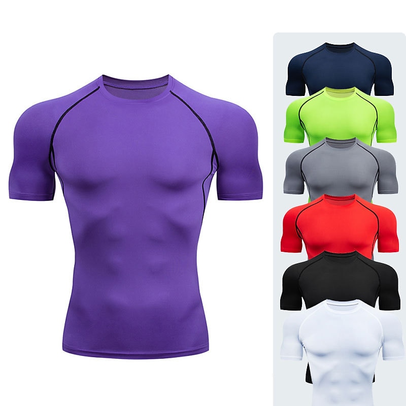 Men's Compression Shirt Running Shirt Short Sleeve Tee Tshirt Athletic Summer Striped Quick Dry Soft Sweat Out Moisture Wicking Gym Workout Active Training Jogging Sportswear Activewear Violet Black