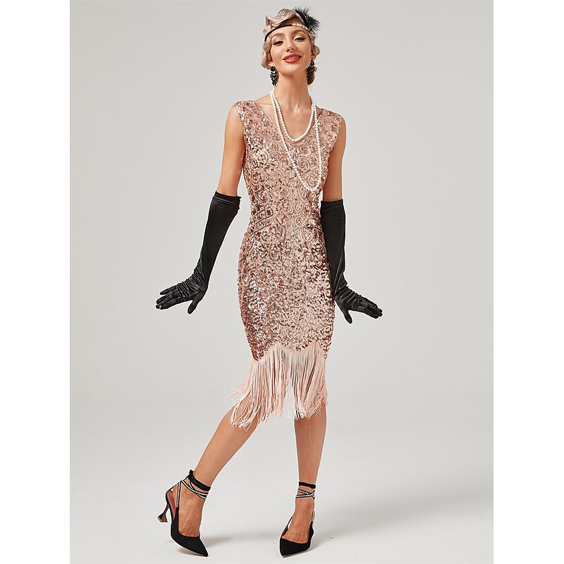 Set with Midi Flapper Dress Feather Headband Opera Gloves Necklace Earings Bracelet Women's Roaring 20s 1920s Outfits Cocktail Masquerade Wedding Prom Gatsby Christmas Attire Party Dress2