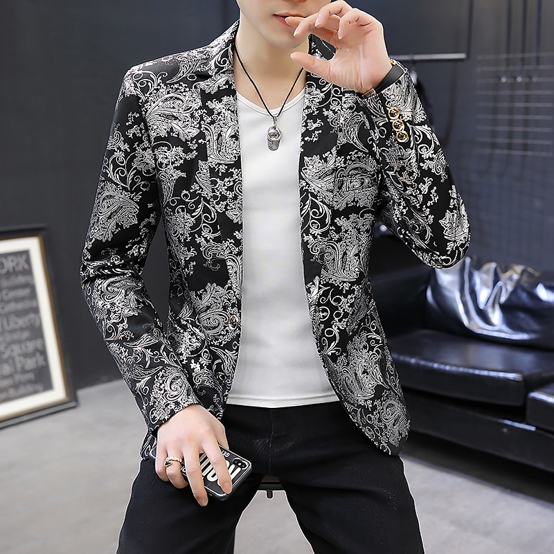 Men's Jacket Blazer Party Ceremony Print Fall Print Party Elegant Shawl Collar Thin Regular Slim Black White Jacket3