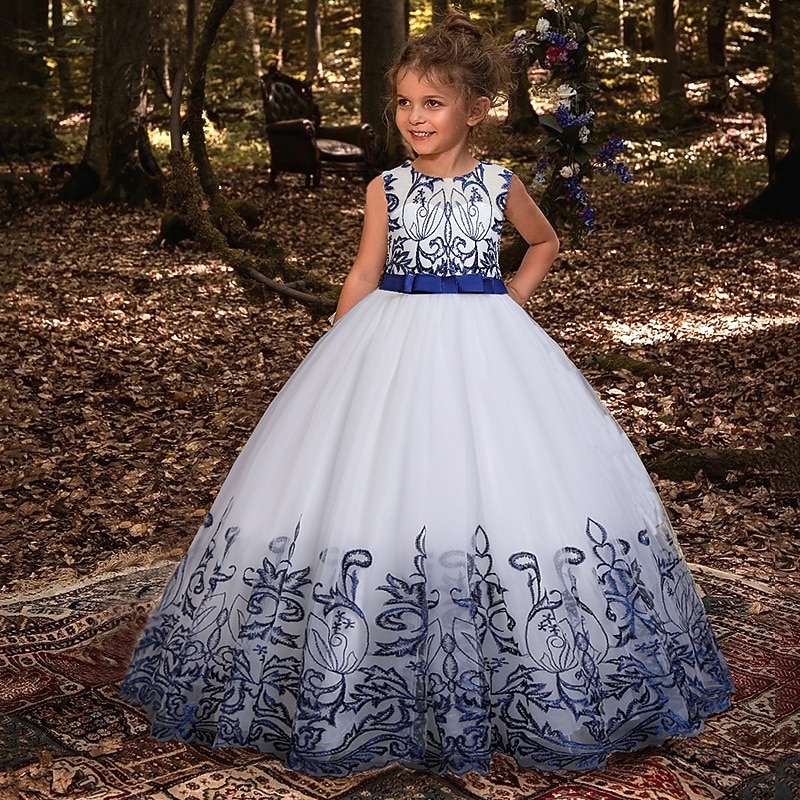 Kids Girls' Flower Girl Dress Dress Floral Performance Wedding Anniversary Cute Beautiful Polyester Midi Floral Embroidery Dress A Line Dress Summer Spring 4-12 Years Champagne Wine Royal Blue