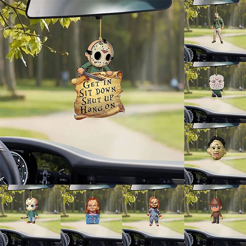 Halloween DIY Horror Movie Ornament Acrylic Rearview Mirror Hanging Charm Dangling Pendant for Car Decoration