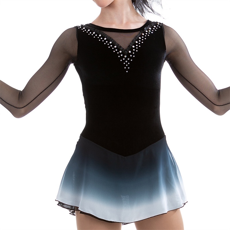 Figure Skating Dress Women's Girls' Ice Skating Dress Black High Elasticity Training Competition Skating Wear Crystal / Rhinestone Long Sleeve Ice Skating Figure Skating / Winter
