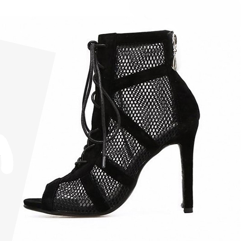 Women's Black Lace-Up Mesh Stiletto Ankle Boots - Elegant Open-Toe Heels for Parties and Evening Wear4