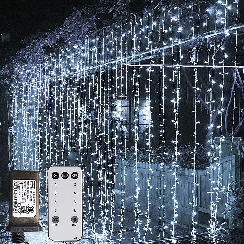 Outdoor Christmas Window Lights 3x3M-300LED Plug in 8 Modes Curtain Light 9 Colors Remote Control Window Wall Hanging Light Warm White RGB for Christmas Decorations Bedroom Wedding Party Garden Indoor4