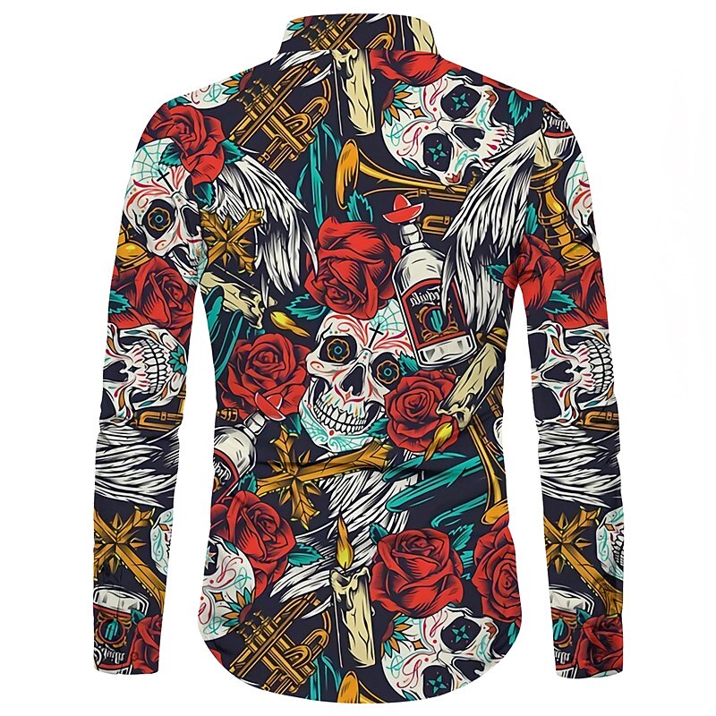 Men's Shirt Graphic Shirt Rose Skull Turndown Red 3D Print Outdoor Halloween Long Sleeve Print Button-Down Clothing Apparel Fashion Designer Casual Breathable2