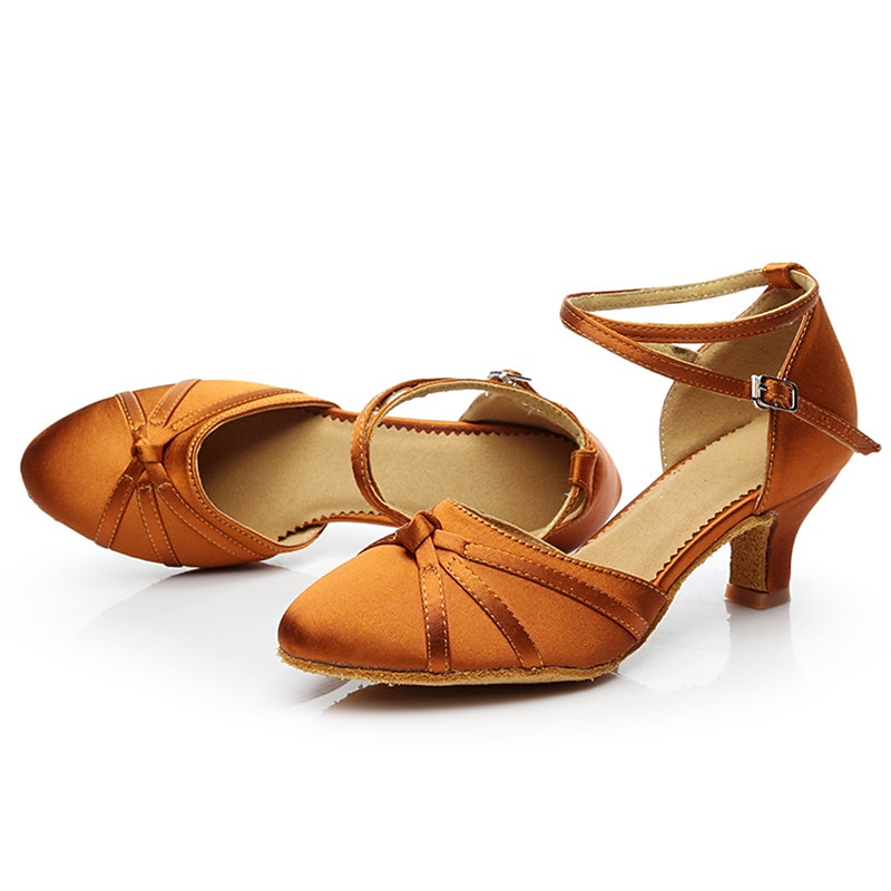 Women's Ballroom Dance Shoes Modern Shoes Indoor Professional ChaCha Heel Cuban Heel Buckle Adults' Fuchsia Brown3