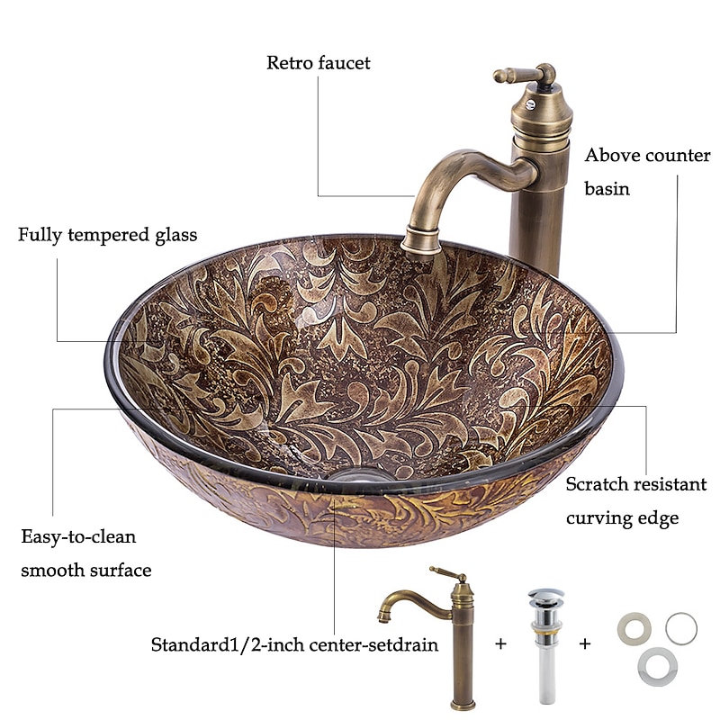Vintage Bathroom Vessel Sink Set Round 16.5"x5.7", Sink Mixer Faucet and Drain Combo with Pop-up Drain, Boat Shape Tempered Glass Artistic Vessel Vanity Sink Bowl, Above Counter Sink Art Wash Basin2