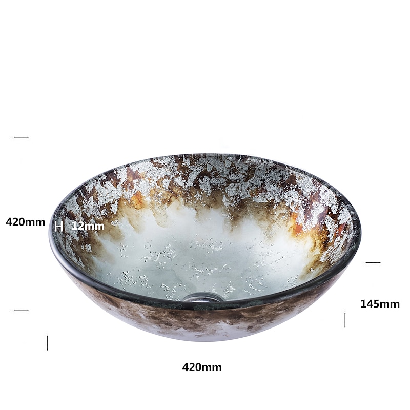 Round Bathroom Sink Set 16.5" X 5.7", Artistic Vanity Sink Bowl Golden Pattern Tempered Glass Finish Art Basin Above Counter Sink Brass Vessel Sink4